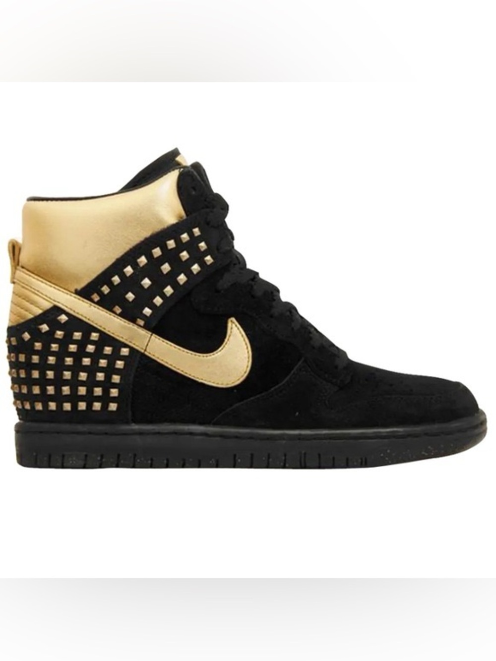 Nike Dunk Sky High Studs QS in Black and Gold High-Top Heeled Sneaker 7.5